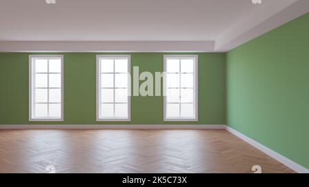 Interno mockup con pareti verdi, soffitto bianco e Conrnice, tre grandi finestre, pavimento in parquet a spina di pesce e un plinto bianco. Splendido concetto della camera, 3D illustrazione. Ultra HD 8K, 7680x4320 Foto Stock