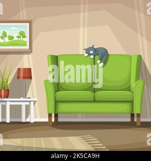 Illustrazione vettoriale di un soggiorno con sleeping cat. Foto Stock