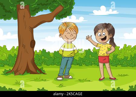 Alcuni ragazzi nel parco. Funny cartoon disegnati a mano carattere. Foto Stock