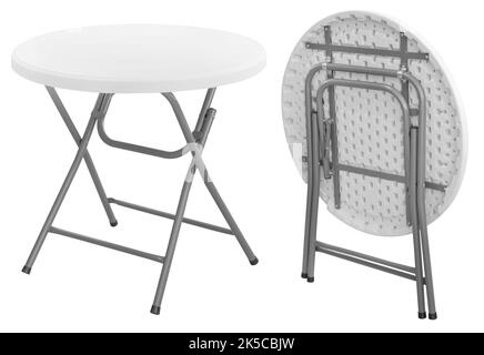 Tavolo pieghevole con piano in plastica e gambe in metallo. Isolato dallo sfondo. Elemento interno Foto Stock