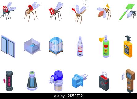 Le icone di protezione delle zanzare impostano un vettore isometrico. Nebulizzazione. Repellente per insetti Illustrazione Vettoriale