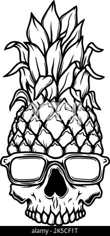 Illustrazione del cranio di ananas negli occhiali da sole. Tema estivo. Elemento di design per poster, scheda, banner, emblema, cartello. Illustrazione vettoriale Illustrazione Vettoriale