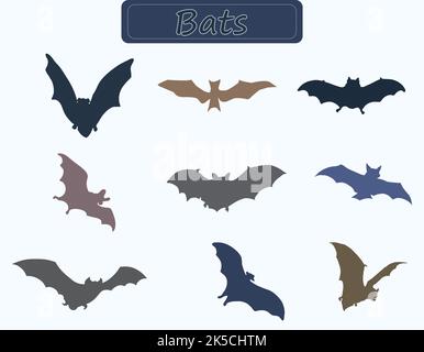 Pipistrelli colorati. Icone di Halloween Bat. Set di icone vettore Bats isolati Illustrazione Vettoriale