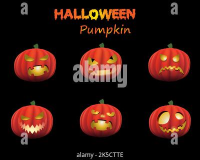 Spaventoso incandescente Halloween Pumpkin Ghost Faces. Set di icone vettoriali di Halloween Jack o Lantern Illustrazione Vettoriale