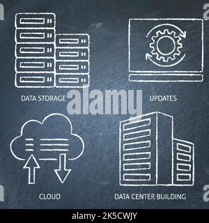 Set di icone per la memorizzazione dei dati e l'aggiornamento della lavagna. Data center, simboli di sincronizzazione cloud. Illustrazione vettoriale. Illustrazione Vettoriale