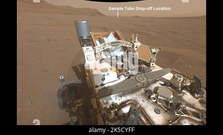 Un'immagine annotata dal rover di perseveranza della NASA nel cratere Jezero mostra le tracce delle ruote e un potenziale sito per depositare provette campione per la campagna di ritorno del campione di Marte. Scattata il 29 agosto 2022 dalla telecamera di navigazione, supporta i piani di missione per la conservazione e la restituzione di campioni di roccia marziana sulla Terra per lo studio. Foto Stock