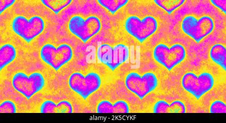 Mappa termica psichedelica grungy senza cuciture rainbow heatmap cuori texture sfondo. Trendy 80s rosa e giallo astratto dopamina vestire amore o San Valentino fa Foto Stock
