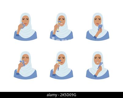 Set di ritratti di donna in hijab con raschietto e rullo gua sha blu. Strumenti per il massaggio facciale gua sha raschiante. Variazioni di sci di bellezza casa Illustrazione Vettoriale