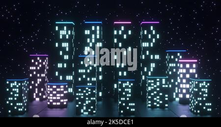 città luminosa di colore neon di notte con stelle, resa 3d Foto Stock