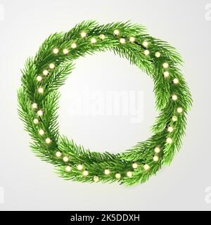 Corona verde con luci e rami d'albero di natale. Modello vettoriale, spazio per il testo. Illustrazione invernale. Illustrazione Vettoriale