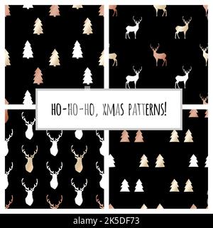 Set di motivi senza cuciture in foglio nero e oro con alberi di Natale e cervi per Natale e Capodanno carta da imballaggio. Illustrazione vettoriale. Illustrazione Vettoriale