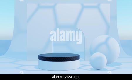 Sfondo geometrico per la dimostrazione del prodotto, display con podio in fibra di carbonio, rendering 3D, larghezza 16 x 9, ombreggiatura blu luce del giorno Foto Stock