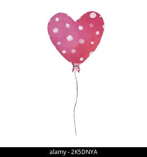 Palloncino di San Valentino con disegno in acquerello con punto bianco. Foto disegnata a mano per l'uso nel design, arredamento, tessuti, stampe, tessuti, scheda Foto Stock