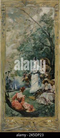 Esquisse pour la galerie Lobau de l'H&#XF4;tel de Ville de Paris : F&#xea;te champ&#xea;tre aux environs de Paris, circa 1891. Festa in giardino. Uomini e donne che si rilassano lungo un fiume. Foto Stock