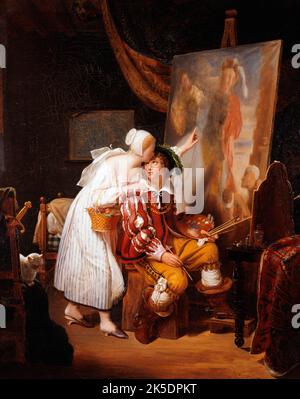 Van Dyck peignant figlio primo tableau, 1819. Van Dyck dipinge la sua prima foto. Allegoria della pittura. L'artista fiammingo Anthony van Dyck è rappresentato nel suo laboratorio di fronte ad un grande dipinto, il suo "Saint Martin Dividing His Cloak", la sua tavolozza e i pennelli in mano. Una giovane donna viene a distrarlo dal suo lavoro. Ogni dettaglio del laboratorio è mostrato con meticolosità: Il gatto su una sedia a sinistra, il letto, le maniche sbattute il giovane Van Dyck. Foto Stock