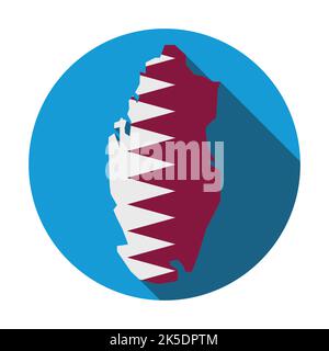 Design in stile piatto e lunga ombra, con pulsante blu e mappa del Qatar decorata con la sua bandiera. Illustrazione Vettoriale