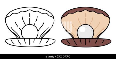 Due ostriche con perle in stile piatto e contorni, una monocromatica e l'altra in versione colorata. Illustrazione Vettoriale