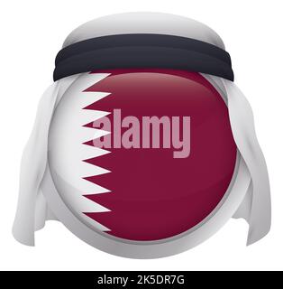 Bottone rotondo con bandiera Qatar al suo interno, cornice argentata e ricoperto di keffiyeh bianco. Illustrazione Vettoriale