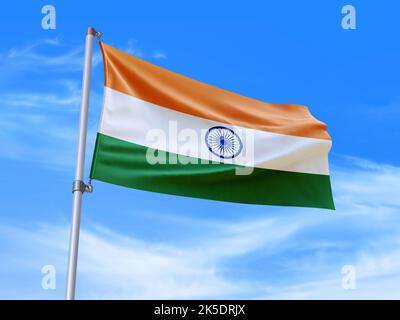Bella bandiera indiana che ondola nel vento con sfondo cielo - 3D illustrazione - 3D rendering Foto Stock