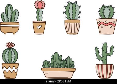 Cactus carino in vaso di fiori set Illustrazione Vettoriale
