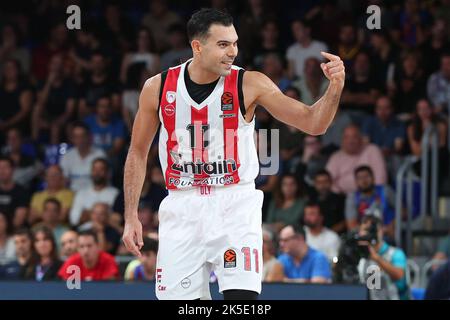 Barcellona, Spagna. 07th Ott 2022. Kostas Sloukas di Olympiacos Pireo durante la partita della Turkish Airlines Eurolega tra FC Barcelona e Olympiacos Pireo al Palau Blaugrana di Barcellona, Spagna. Credit: DAX Images/Alamy Live News Foto Stock