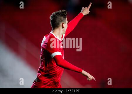 Belgio. 07th Ott 2022. Pieter Gerkens di Anversa festeggia dopo aver segnato durante una partita di calcio tra il Royal Antwerp FC RAFC e Sint-Truiden STVV, venerdì 07 ottobre 2022 ad Anversa, una partita il giorno 11 della prima divisione del campionato belga della 'Jupiler Pro League' del 2022-2023. FOTO DI BELGA JASPER JACOBS Credit: Belga News Agency/Alamy Live News Foto Stock