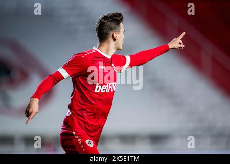 Belgio. 07th Ott 2022. Pieter Gerkens di Anversa festeggia dopo aver segnato durante una partita di calcio tra il Royal Antwerp FC RAFC e Sint-Truiden STVV, venerdì 07 ottobre 2022 ad Anversa, una partita il giorno 11 della prima divisione del campionato belga della 'Jupiler Pro League' del 2022-2023. FOTO DI BELGA JASPER JACOBS Credit: Belga News Agency/Alamy Live News Foto Stock