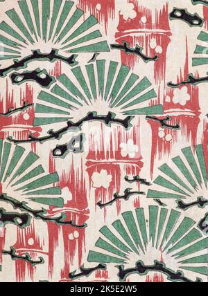 La rivista di design Shin-Bijutsukai in lingua giapponese 1901-1902, è stata edita dall'illustratore e designer Korin Furuya (1875-1910) e conteneva i disegni dei migliori artisti del tempo. Un pittore di Meji, Korin insegnò alla Scuola Comunale di Arti e Mestieri, ed era uno dei più importanti stampatori di blocchi di legno del tempo. Una stampa ottimizzata e migliorata da Shin-Bijutsukai Design Magazine, Volume 1. Foto Stock