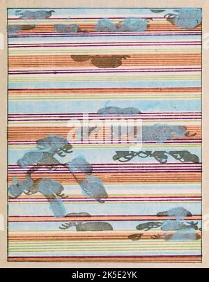 La rivista di design Shin-Bijutsukai in lingua giapponese 1901-1902, è stata edita dall'illustratore e designer Korin Furuya (1875-1910) e conteneva i disegni dei migliori artisti del tempo. Un pittore di Meji, Korin insegnò alla Scuola Comunale di Arti e Mestieri, ed era uno dei più importanti stampatori di blocchi di legno del tempo. Una stampa ottimizzata e migliorata da Shin-Bijutsukai Design Magazine, Volume 1. Foto Stock