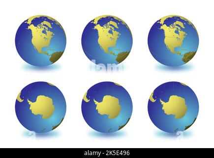 Set di globi terrestri focalizzati sul Nord America (riga superiore) e sull'Antartide (riga inferiore). Stratificati e raggruppati con cura per facilitare l'editing. È possibile e. Illustrazione Vettoriale