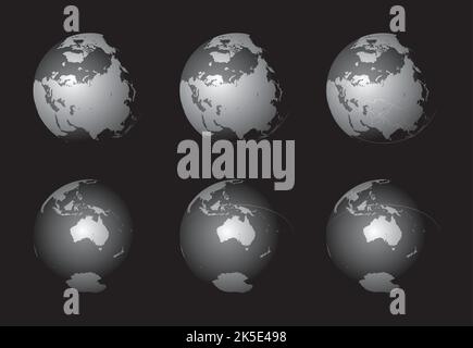 Insieme di globi terrestri che si concentrano sull'Asia settentrionale (riga superiore) e sull'Australia (riga inferiore). Stratificati e raggruppati con cura per facilitare l'editing. È possibile modificare Illustrazione Vettoriale