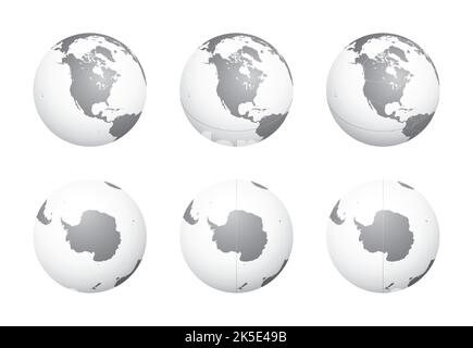 Set di globi terrestri focalizzati sul Nord America (riga superiore) e sull'Antartide (riga inferiore). Stratificati e raggruppati con cura per facilitare l'editing. È possibile e. Illustrazione Vettoriale