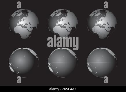 Set di globi terrestri che si concentrano sull'Europa (riga superiore) e sull'Oceano Pacifico (riga inferiore). Stratificati e raggruppati con cura per facilitare l'editing. È possibile modificare Illustrazione Vettoriale