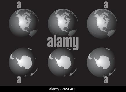 Set di globi terrestri focalizzati sul Nord America (riga superiore) e sull'Antartide (riga inferiore). Stratificati e raggruppati con cura per facilitare l'editing. È possibile e. Illustrazione Vettoriale