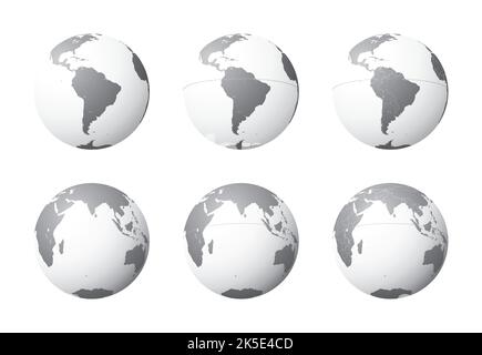 Set di globi terrestri che si concentrano sull'America del Sud (riga superiore) e sull'Oceano Indiano (riga inferiore). Stratificati e raggruppati con cura per facilitare l'editing. È possibile Illustrazione Vettoriale