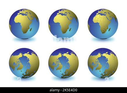 Insieme di globi terrestri che si concentrano sull'Africa (riga superiore) e sull'Artico (riga inferiore). Stratificati e raggruppati con cura per facilitare l'editing. È possibile modificare o remo Illustrazione Vettoriale