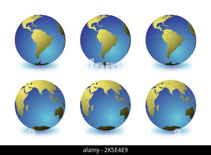 Set di globi terrestri che si concentrano sull'America del Sud (riga superiore) e sull'Oceano Indiano (riga inferiore). Stratificati e raggruppati con cura per facilitare l'editing. È possibile Illustrazione Vettoriale