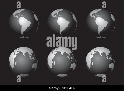 Set di globi terrestri che si concentrano sull'America del Sud (riga superiore) e sull'Oceano Indiano (riga inferiore). Stratificati e raggruppati con cura per facilitare l'editing. È possibile Illustrazione Vettoriale