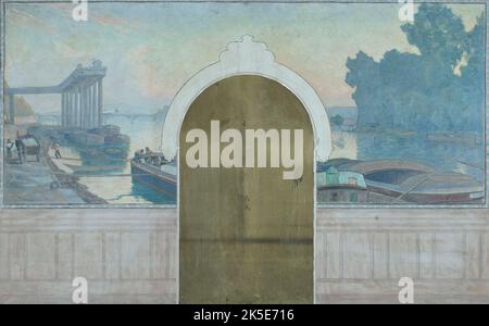Esquisse pour la salle de mariages de la mairie d'Asni&#xe8;res : Paysage. P&#xe9;nicchie sur la Seine, avec le pont d'Asni&#xe8;res, c.1900. Paesaggio, chiatte sulla Senna, il ponte ad Asni&#xe8;res. Foto Stock