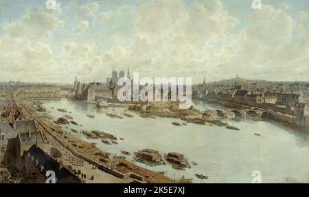 Vista panoramica di Parigi nel 1588, dai tetti del Louvre, con Pont-Neuf in costruzione, 1890. Foto Stock