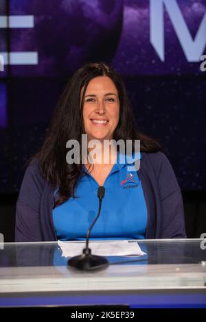 Melissa Jones, direttore del recupero, Exploration Ground Systems Program della NASA, viene presentato durante un briefing sulla stampa dello stato della missione Artemis i al Kennedy Space Center in Florida il 27 agosto 2022. Il razzo Space Launch System della NASA e la navicella spaziale Orion sono destinati a decollevarsi dal complesso di lancio Kennedy 39B non prima del 29 agosto 2022, alle 8:33:00 EDT. Foto Stock