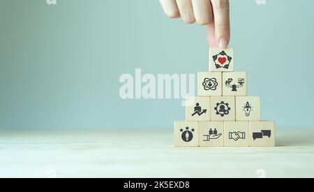 Coinvolgimento dei dipendenti e motivazione del team. Persone produttive, ispirazione. Obiettivi comuni dell'azienda e dei dipendenti per la sostenibilità. Mettere legno Foto Stock