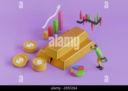 3d investimento in oro e concetto di acquisto. 3D barre d'oro con grafico uptrend. 3D rappresentazione del grafico di negoziazione del mercato azionario con barre d'oro e freccia Foto Stock