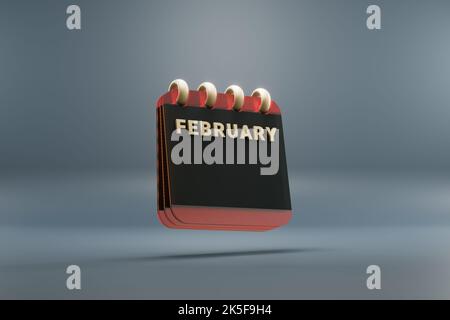 Calendario da tavolo in piedi nero e rosso mese con data di febbraio. Design moderno con elementi dorati, illustrazione in 3D. Backgrou grigio blu Foto Stock