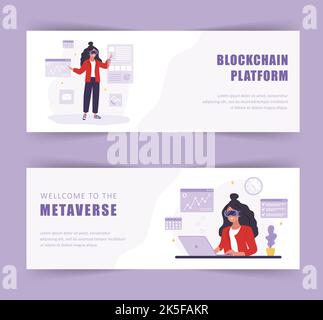 Banner metaverse. Donne che indossano il visore VR. Piattaforma Blockchain. Aumentare la realtà e il Cyberspace. Intrattenimento tecnologico moderno. Illustrazione vettoriale Illustrazione Vettoriale