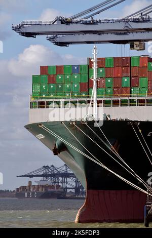 la nave portacontainer gigante che va dall'oceano viene caricata a felixstowe attracca felixstowe suffolk inghilterra Foto Stock