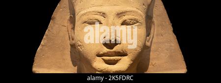 Torino, Italia - Circa Luglio 2021: Archeologia egizia. Antica Sfinge in arenaria raffigurante il faraone, spazio copia Foto Stock
