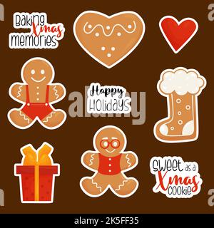 Collezione Christmas Gingerbread adesivi vettoriali. Carino pan di zenzero mans, stivale di Natale, cuore e regalo e congratulazioni e iscrizione cool. Isola Illustrazione Vettoriale