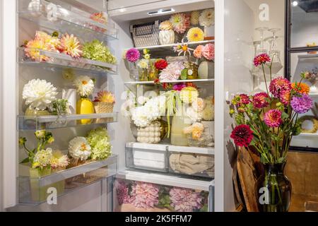 Frigorifero pieno di diversi fiori recisi Foto Stock