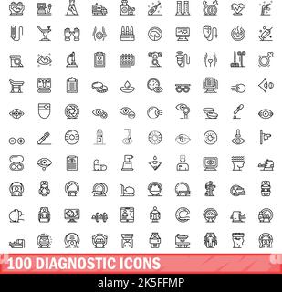 100 icone diagnostiche impostate. Illustrazione schematica di 100 icone diagnostiche set di vettori isolati su sfondo bianco Illustrazione Vettoriale